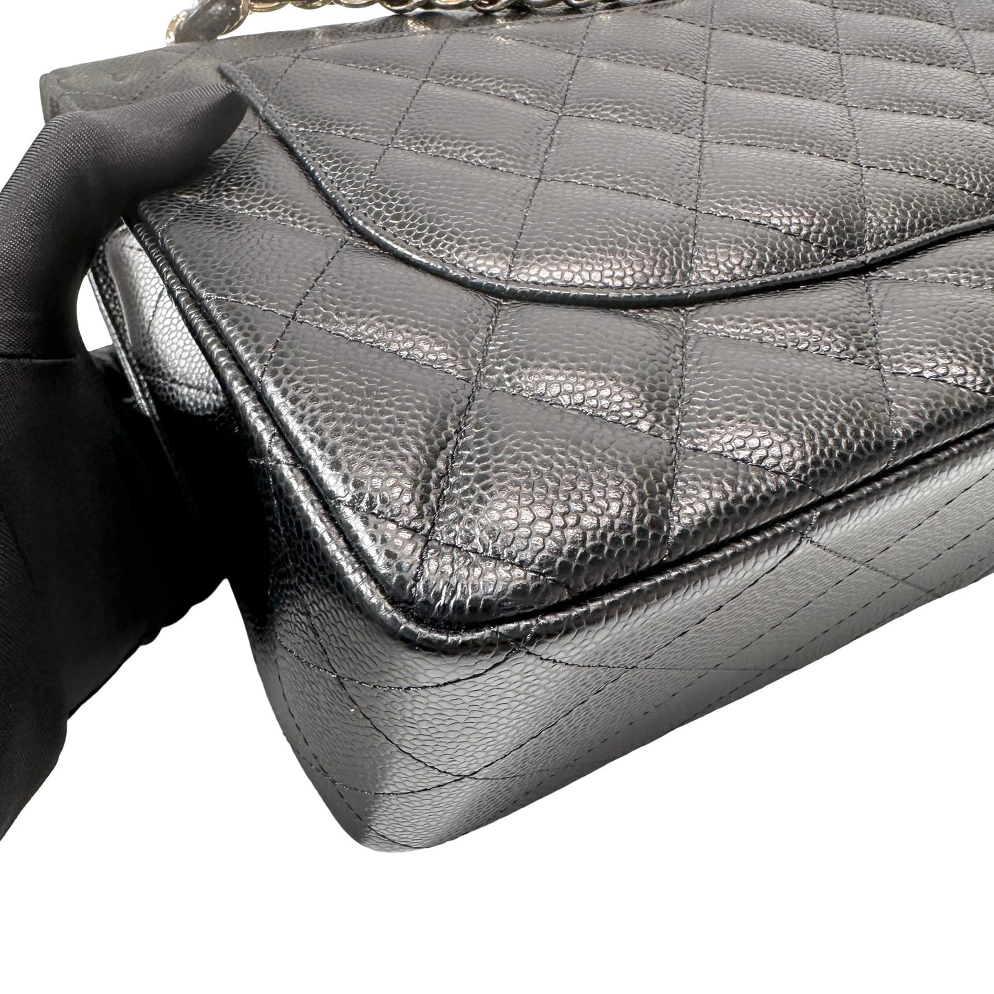 Used CHANEL Calfskin Leather Jumbo Chain Shoulder Bag GHW Black