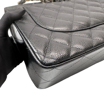 Used CHANEL Calfskin Leather Jumbo Chain Shoulder Bag GHW Black