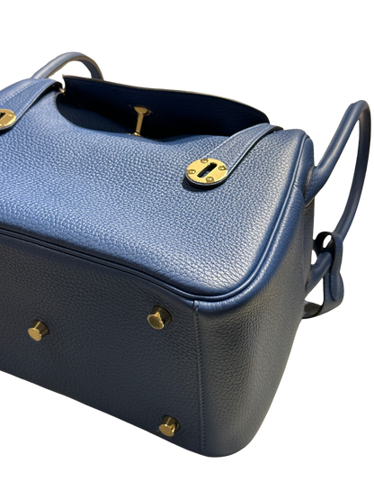 Brand New HERMES Clemence Lindy 26 Handbag Blue GHW