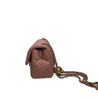 Used CHANEL Diamond Quilted Lambskin Mini Rectangular Flap Chain Shoulder Bag Pink