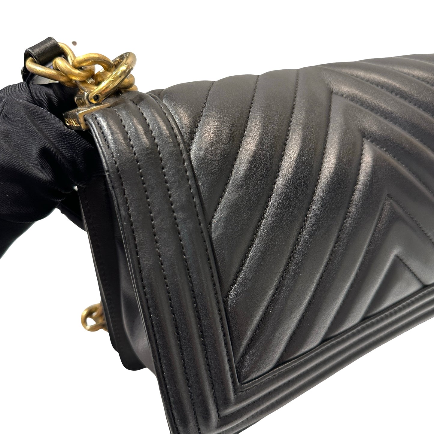 Used Chanel Lambskin Leather Boy 25 Shoulder Bag Black GHW
