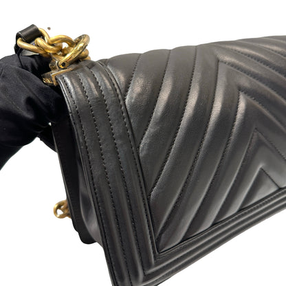 Used Chanel Lambskin Leather Boy 25 Shoulder Bag Black GHW