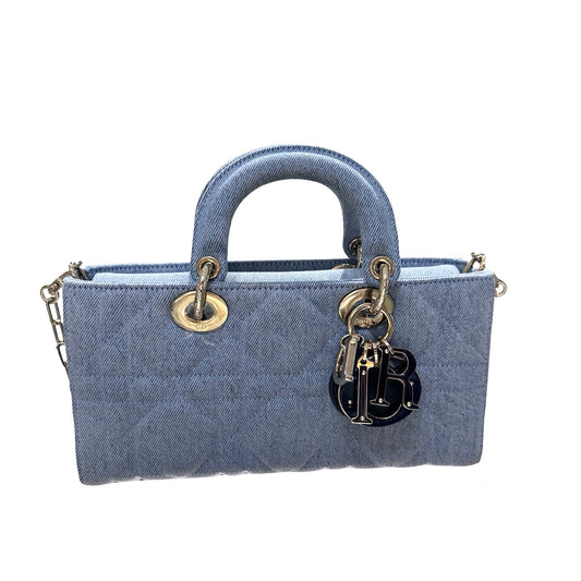 Used DIOR Denim Cannage D-Joy Medium Two Way Shoulder Bag Light Blue