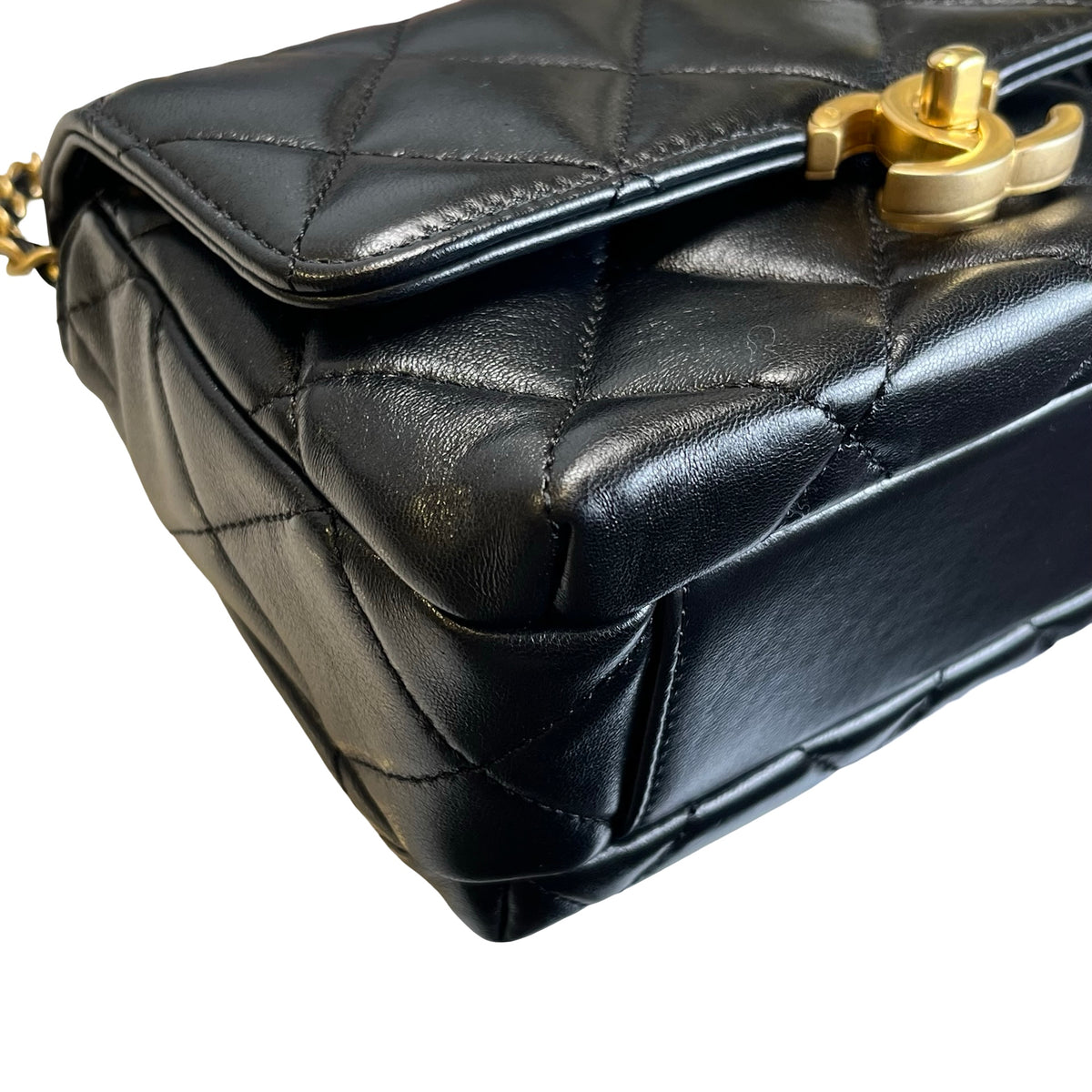 Used CHANEL Quilted Velvet 24A mini pearl logo Flap bag Bucket Bag Black Gold