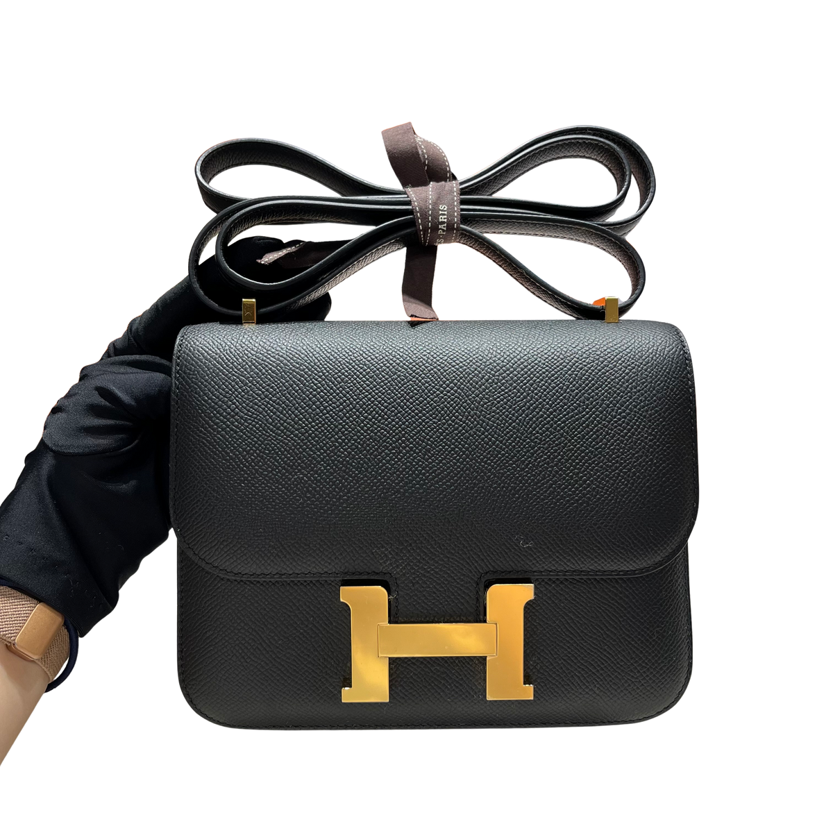 Brand New HERMES Epsom Constance Shoulder Bag Black Gold
