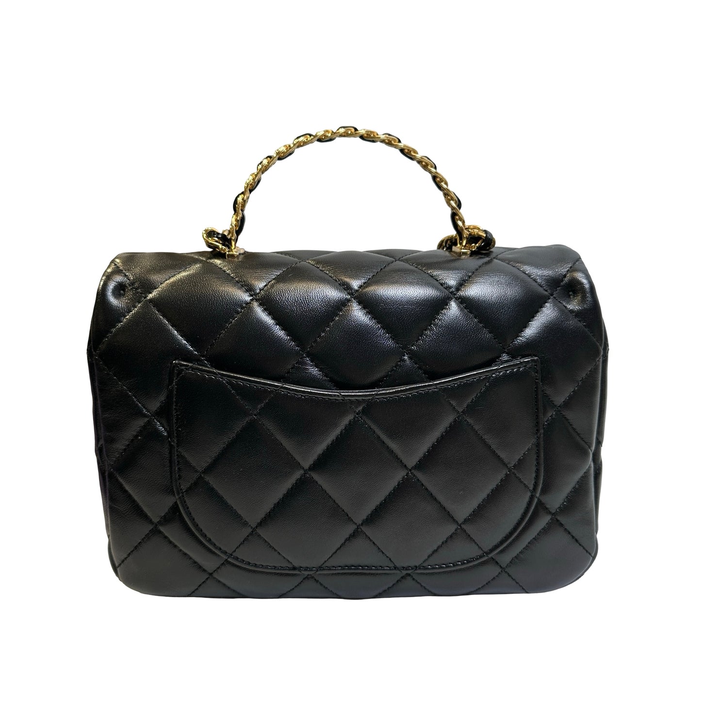 Used CHANEL Quilted Lambskin Top Handle Flap Bag Handbag Black
