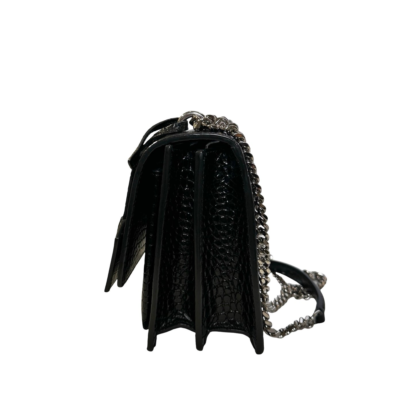 SAINT LAURENT Crocodile Embossed Leather Sunset Chain Shoulder Bag Black PHW