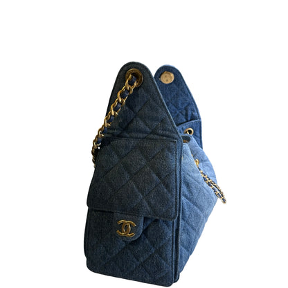 Used CHANEL Denim Quilted Kelly Shoulder Bag Blue GHW