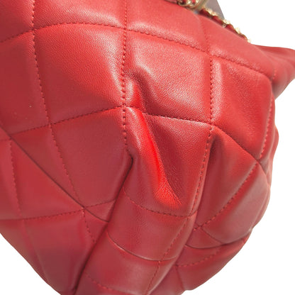 Used CHANEL Lambskin Leather MINI DRAWSTRING BUCKET Cross Body Bag Red