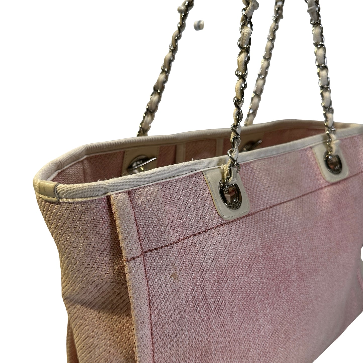 Used CHANEL Canvas Deauville Tote Bag Pink Silver