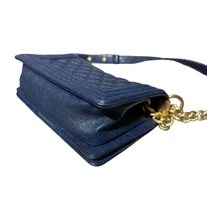 Used Chanel Calfskin Leather Boy 20cm Shoulder Bag Navy GHW