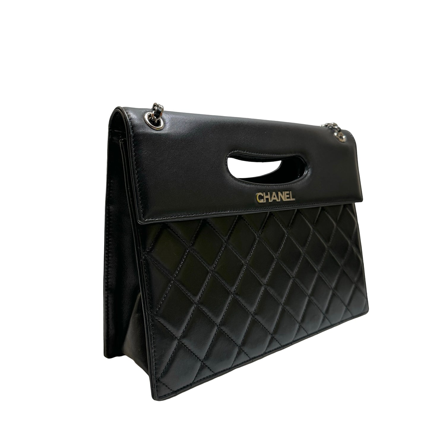 Used CHANEL Quilted Leather Quilted Top Handle Flap Bag Handbag Black Silver