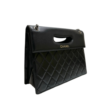 Used CHANEL Quilted Leather Quilted Top Handle Flap Bag Handbag Black Silver
