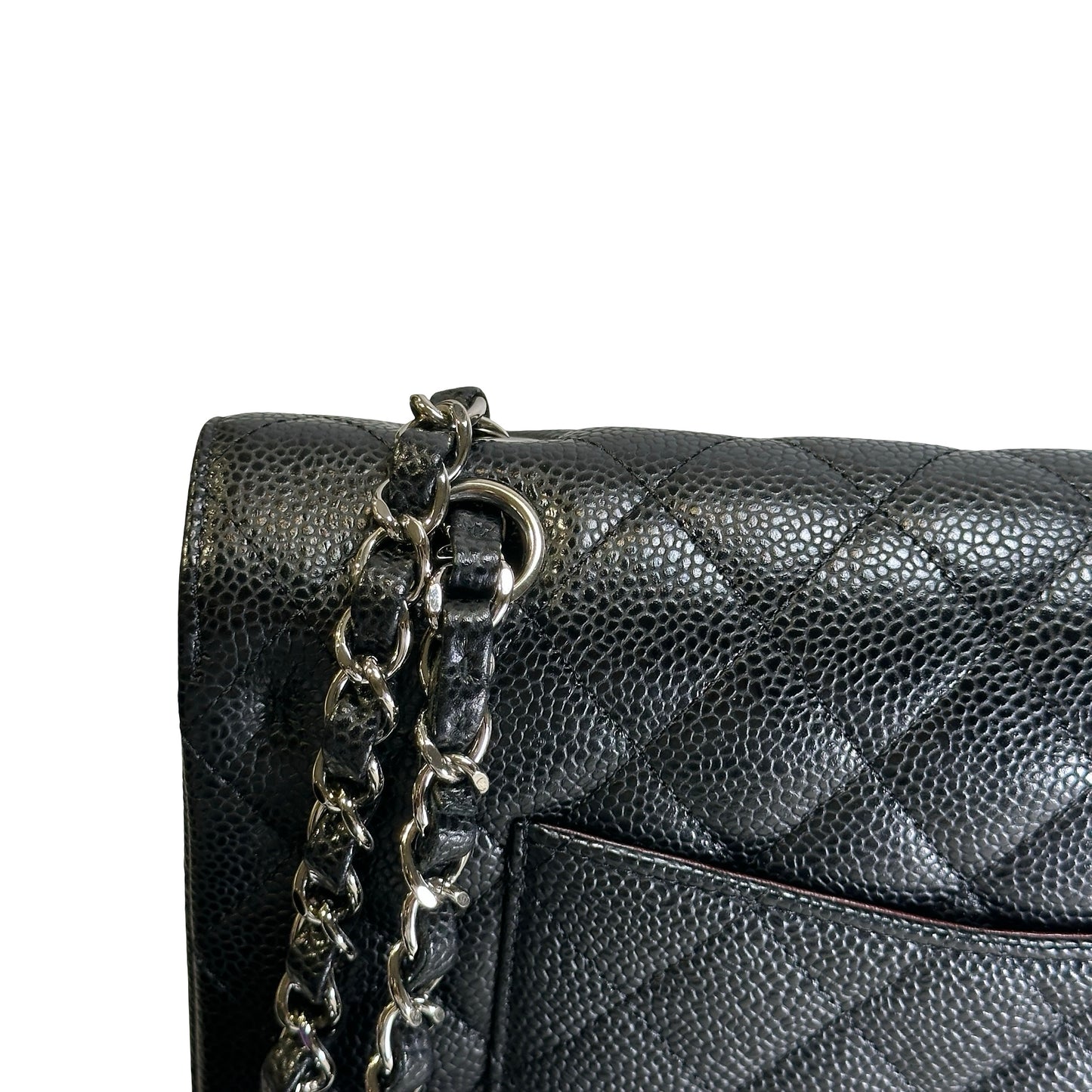 Used CHANEL Caviar Quilted Classic Flap Shoulder Bag Black Silver