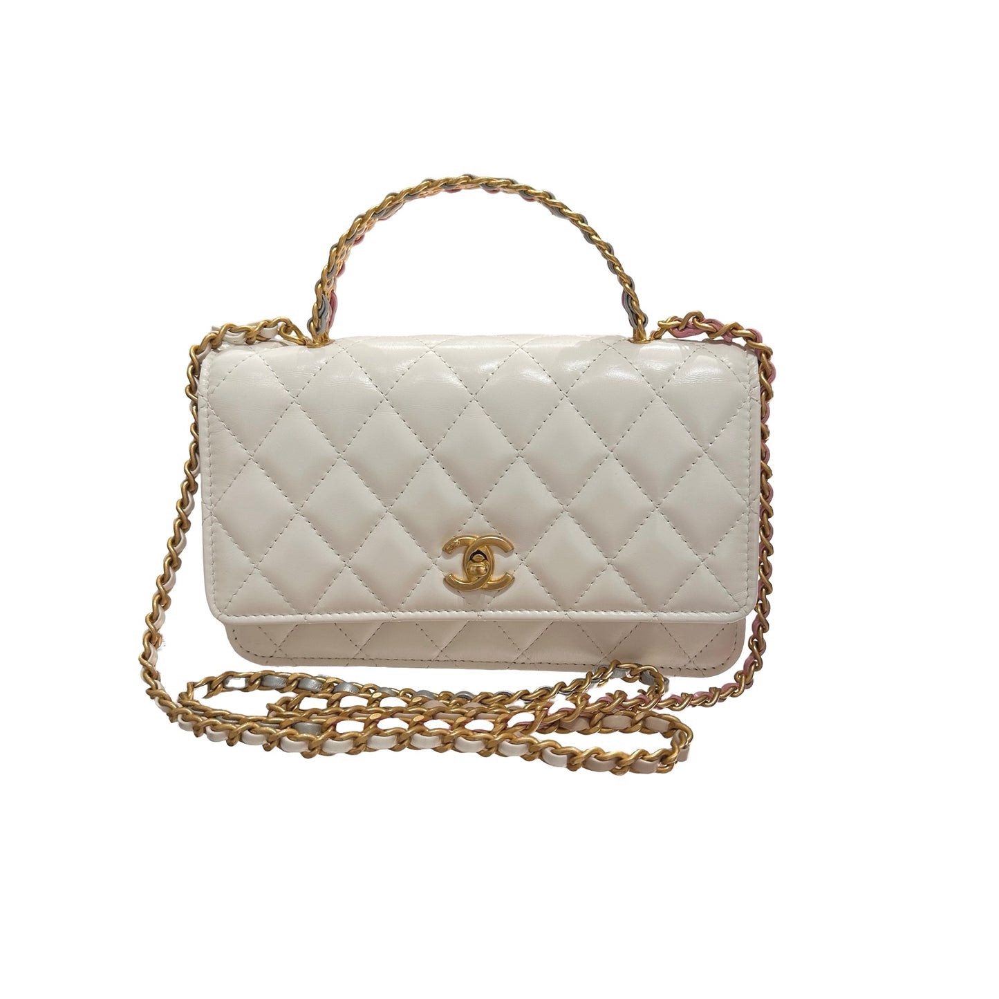 Used CHANEL Lambskin Leather 23P RAINBOW TOP HANDLE WOC Cross Body Bag White GHW