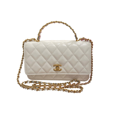 Used CHANEL Lambskin Leather 23P RAINBOW TOP HANDLE WOC Cross Body Bag White GHW