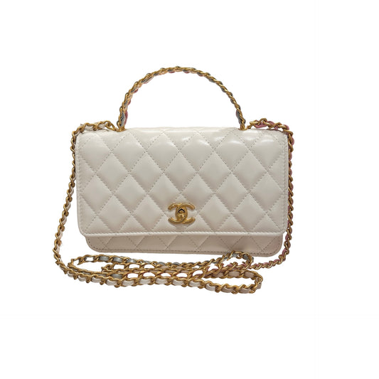 Used CHANEL Lambskin Leather 23P RAINBOW TOP HANDLE WOC Cross Body Bag White GHW
