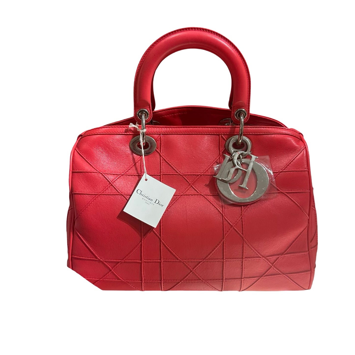 Used DIOR Lambskin Leather Cannage Granville Boston Two Way Shoulder Bag Red GHW