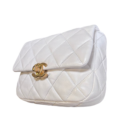 Used CHANEL Calfskin Leather Flap Cross Body Bag White GHW