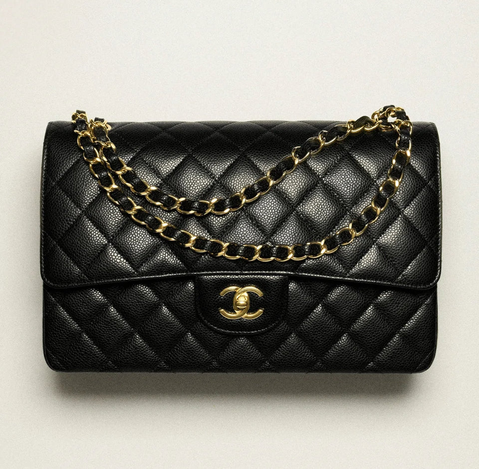Used Chanel Calfskin Leather Jumbo Shoulder Bag Black GHW