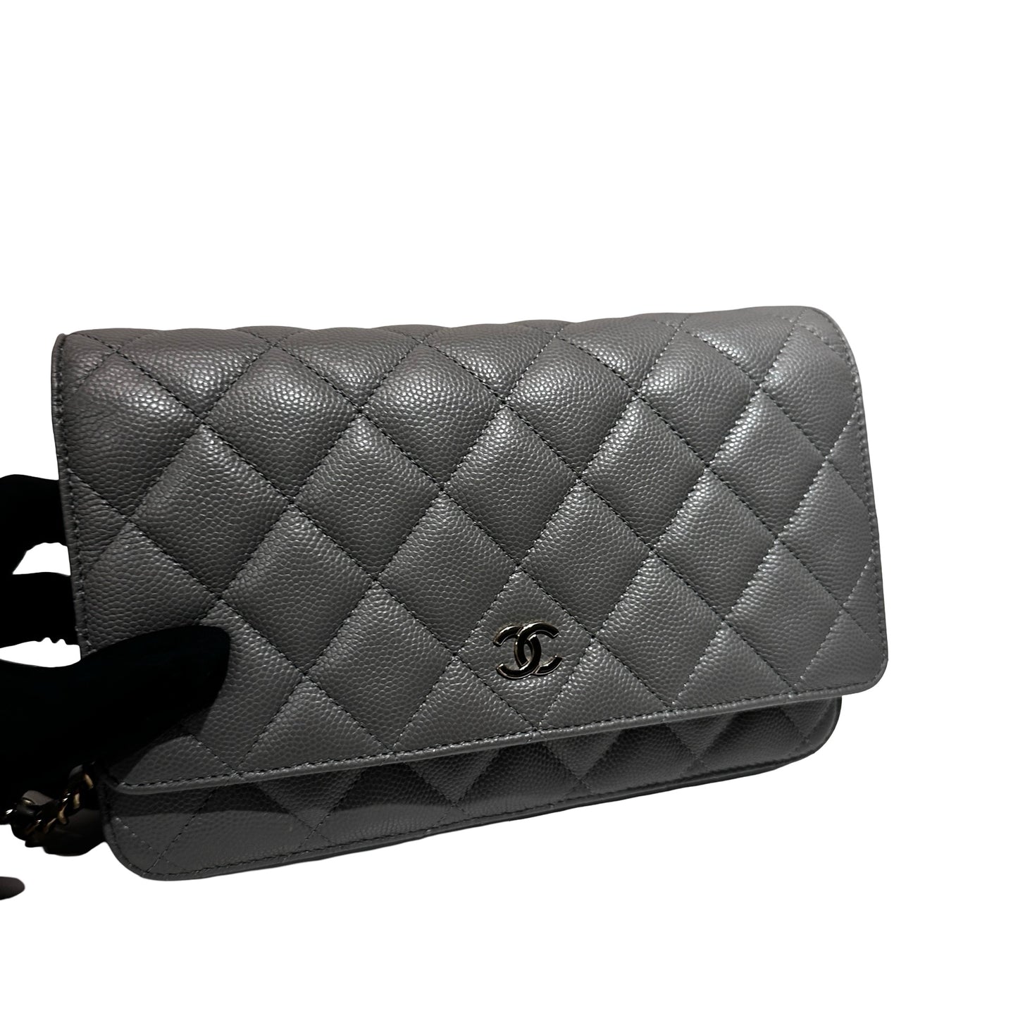 Used CHANEL Caviar Leather WOC Calf Skin Cross Body Bag Grey PHW