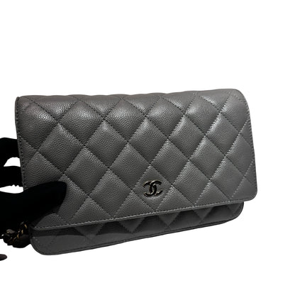 Used CHANEL Caviar Leather WOC Calf Skin Cross Body Bag Grey PHW