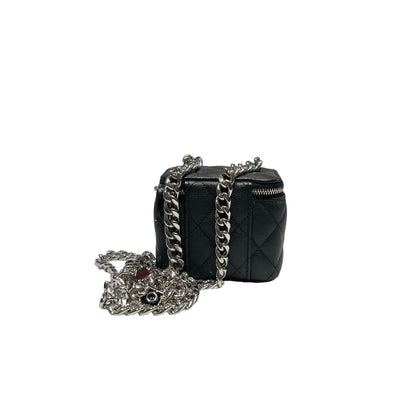 Used CHANEL Vanity Case with Black White Chain Cross Body Bag Black PHW