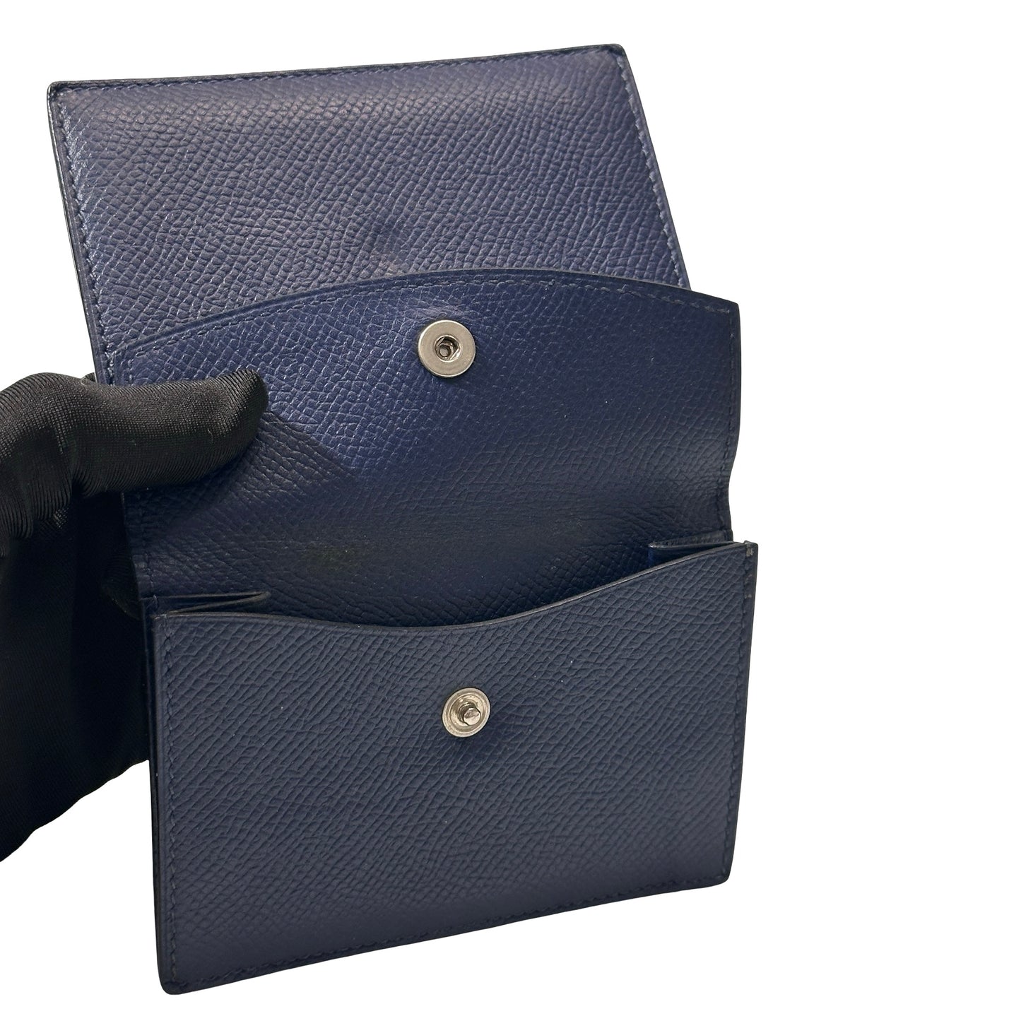 Used HERMÈS Calfskin Leather Bearn Wallet Navy Blue PHW