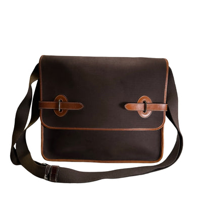 Used HERMES Canvas Leather Barda Shoulder Bag Brown