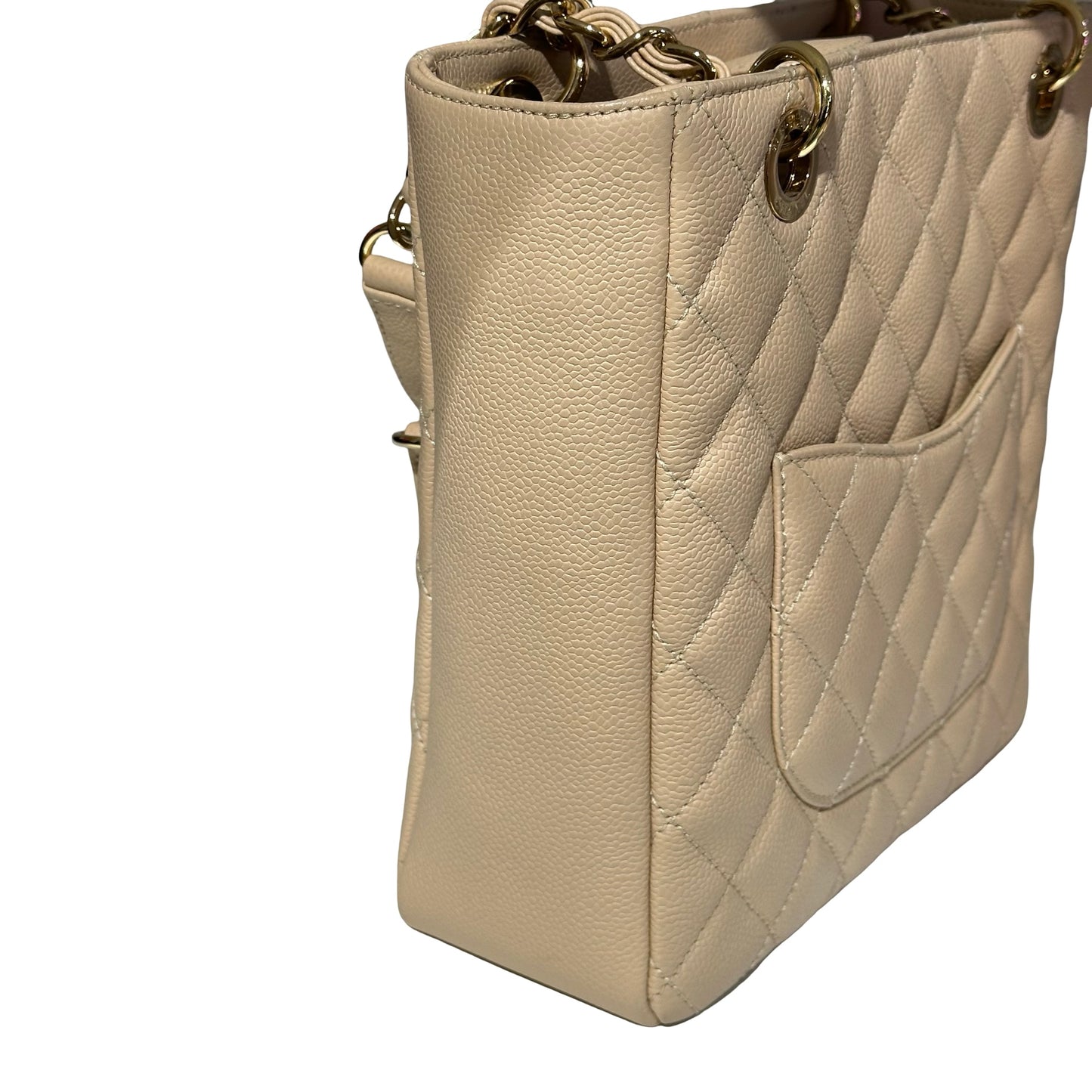 Used CHANEL Calfskin Leather PST Tote Bag Beige GHW