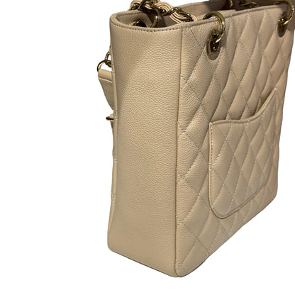 Used CHANEL Calfskin Leather PST Tote Bag Beige GHW