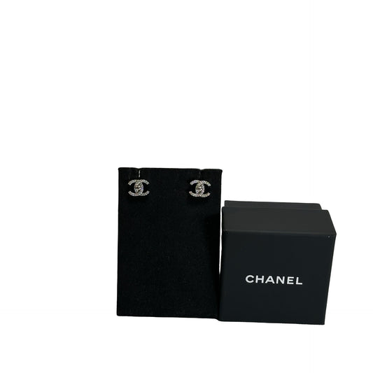 Used CHANEL Crystals CC Logo Earrings Silver