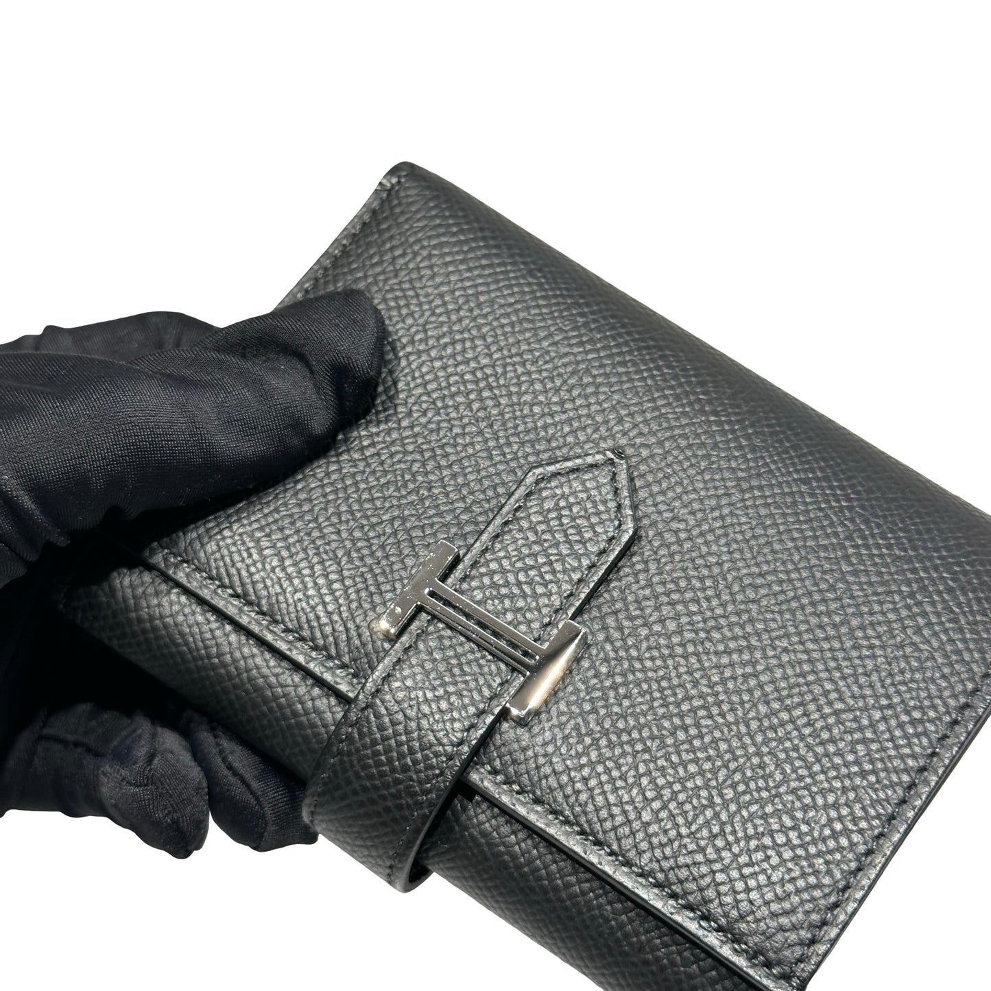 Used HERMÈS BEARN COMPACT Wallet Black Red PHW