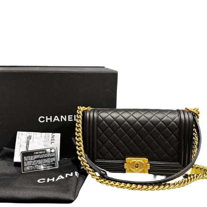 Used Chanel Calfskin Leather Boy 25cm Shoulder Bag Black GHW