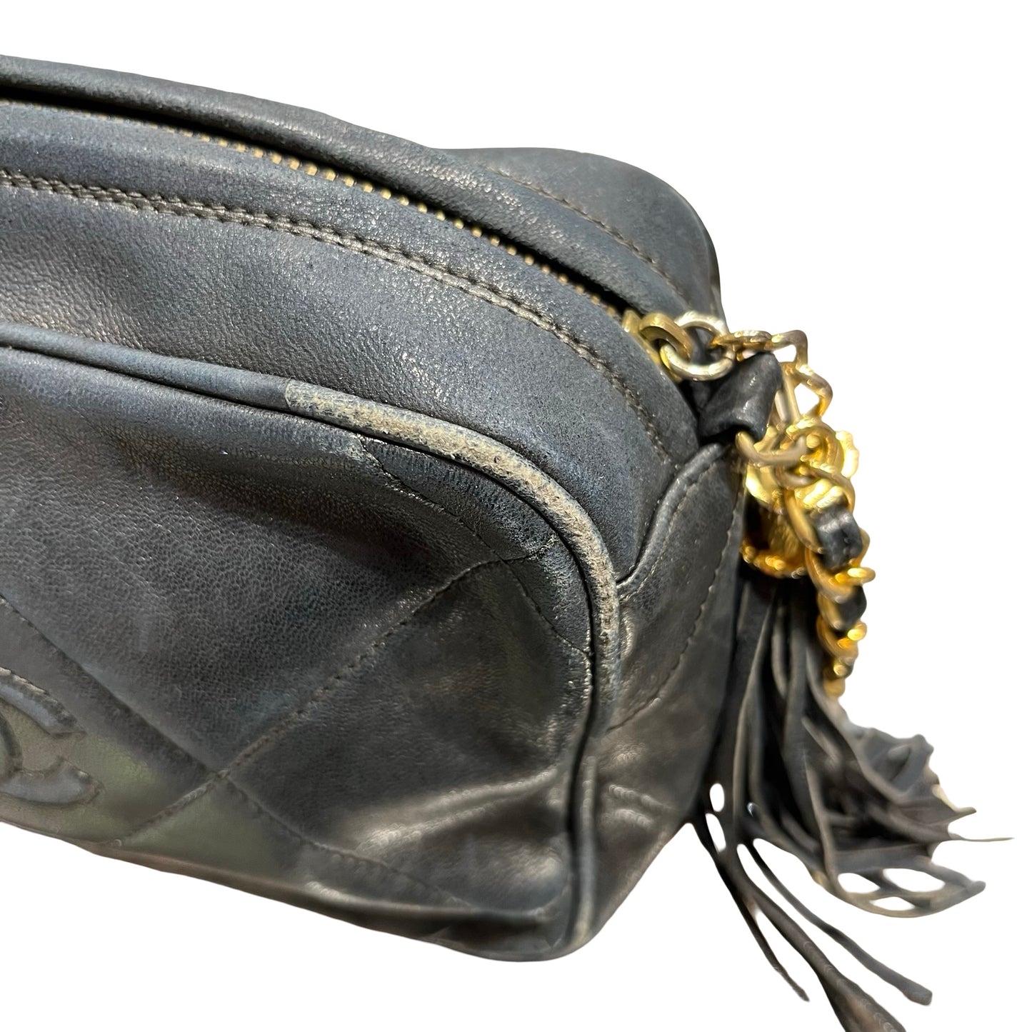 Used CHANEL Lambskin Leather Vintage Chain Bag Chain Shoulder Bag Black