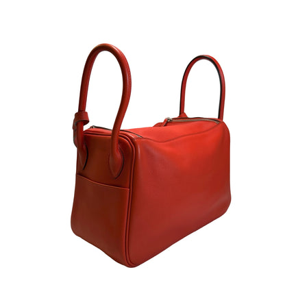 Used HERMES Clemence Lindy 26 Handbag Red PHW