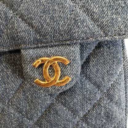 Used CHANEL Denim Quilted Kelly Shoulder Bag Blue GHW