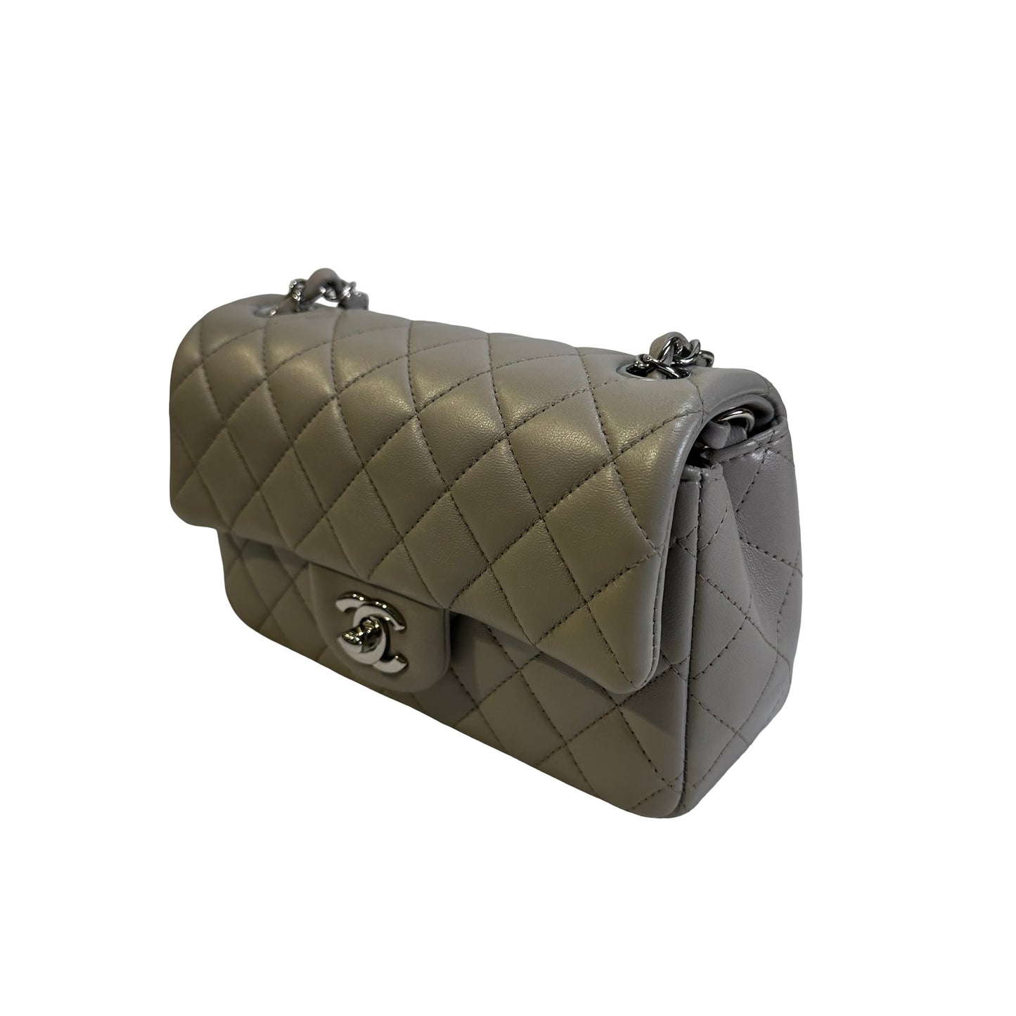 Used CHANEL Quilted Lambskin Mini Rectangular Flap Bag Shoulder Bag Grey Silver Hardware