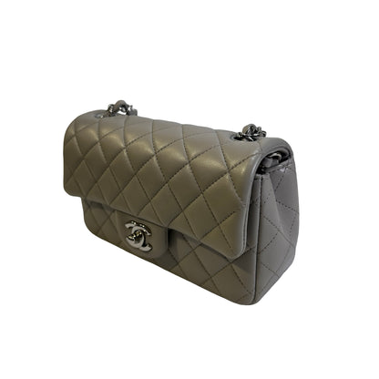 Used CHANEL Quilted Lambskin Mini Rectangular Flap Bag Shoulder Bag Grey Silver Hardware