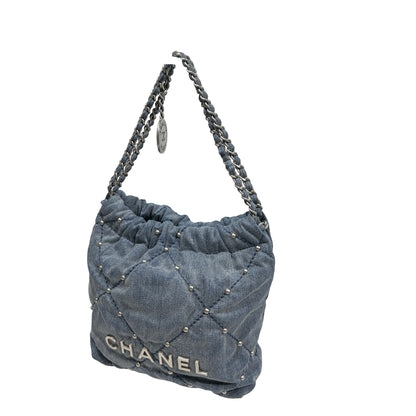 Used CHANEL Denim Quilted Studded Chanel 22 Mini Bag Blue Silver