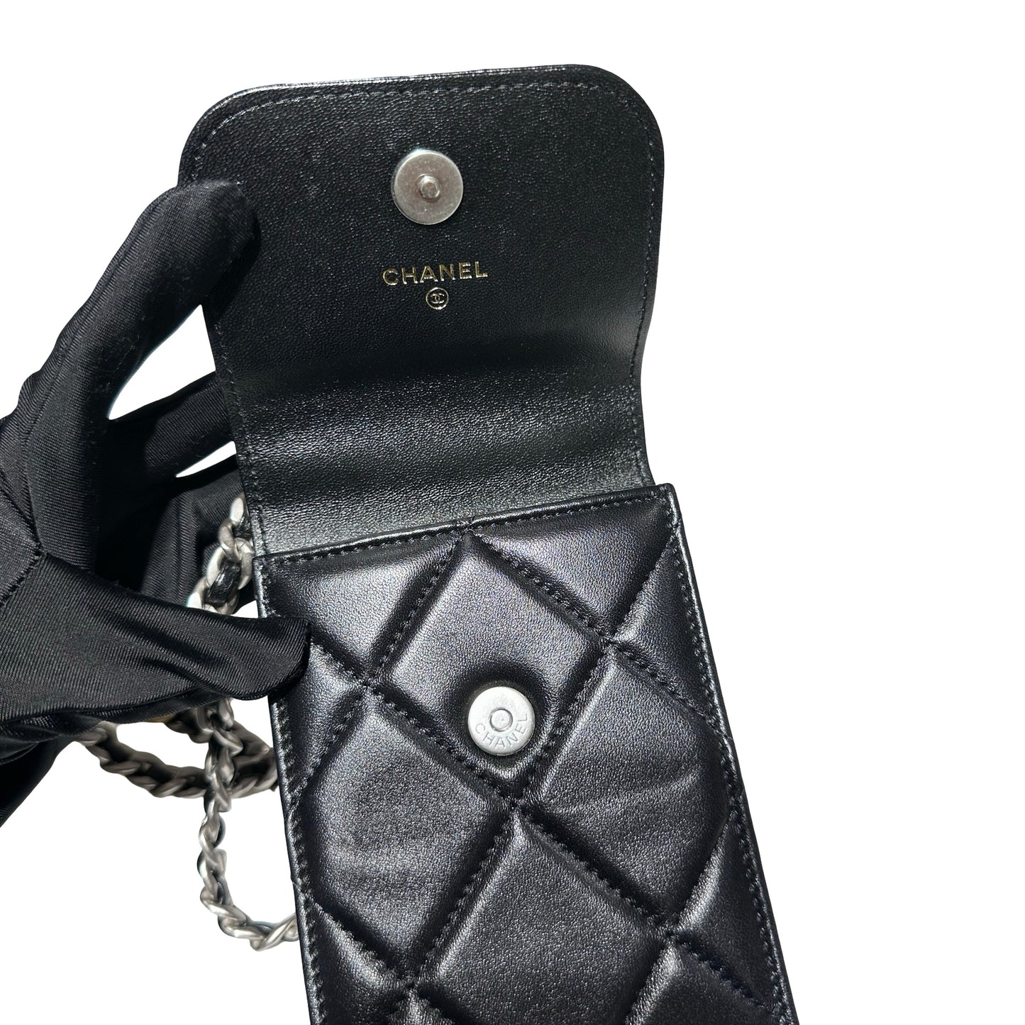 Used CHANEL Lambskin Leather 19 Phone Holder with Chain Phone Bag Black PHW