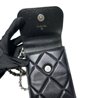Used CHANEL Lambskin Leather 19 Phone Holder with Chain Phone Bag Black PHW