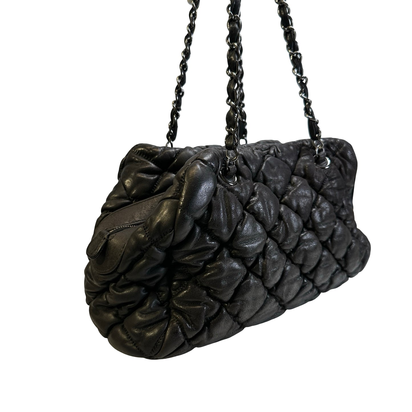 Used CHANEL Quilted Leather Bubble Quilted Bowler Bag Handbag Black Silver hardware