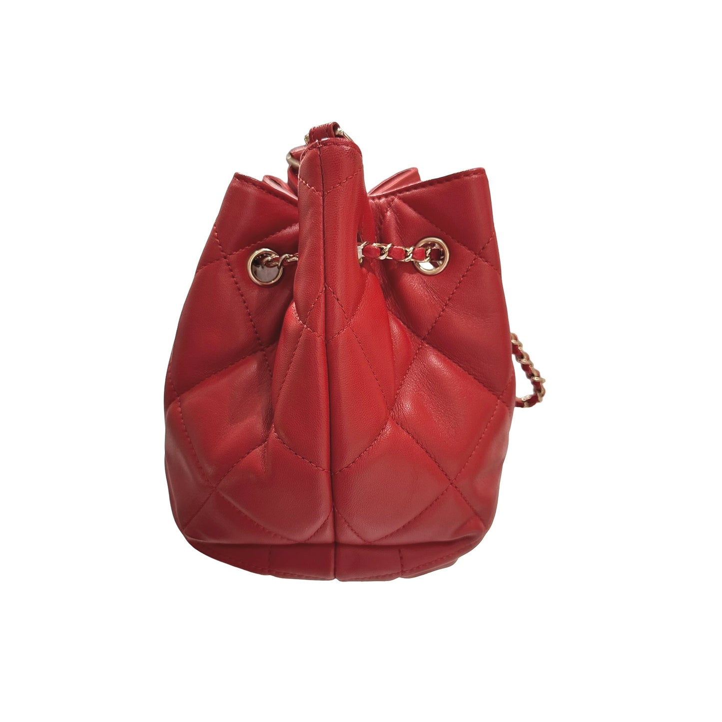 Used CHANEL Lambskin Leather MINI DRAWSTRING BUCKET Cross Body Bag Red