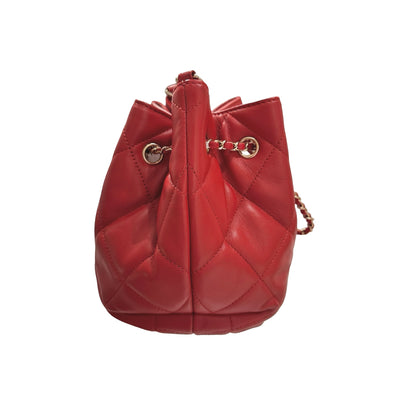Used CHANEL Lambskin Leather MINI DRAWSTRING BUCKET Cross Body Bag Red