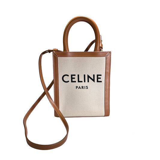 Used CELINE Canvas Calfskin Mini Vertical Cabas Tote Bag Natural Tan GHW