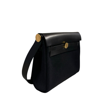 Used HERMES Canvas Leather Mini Herbag Handbag Black GHW