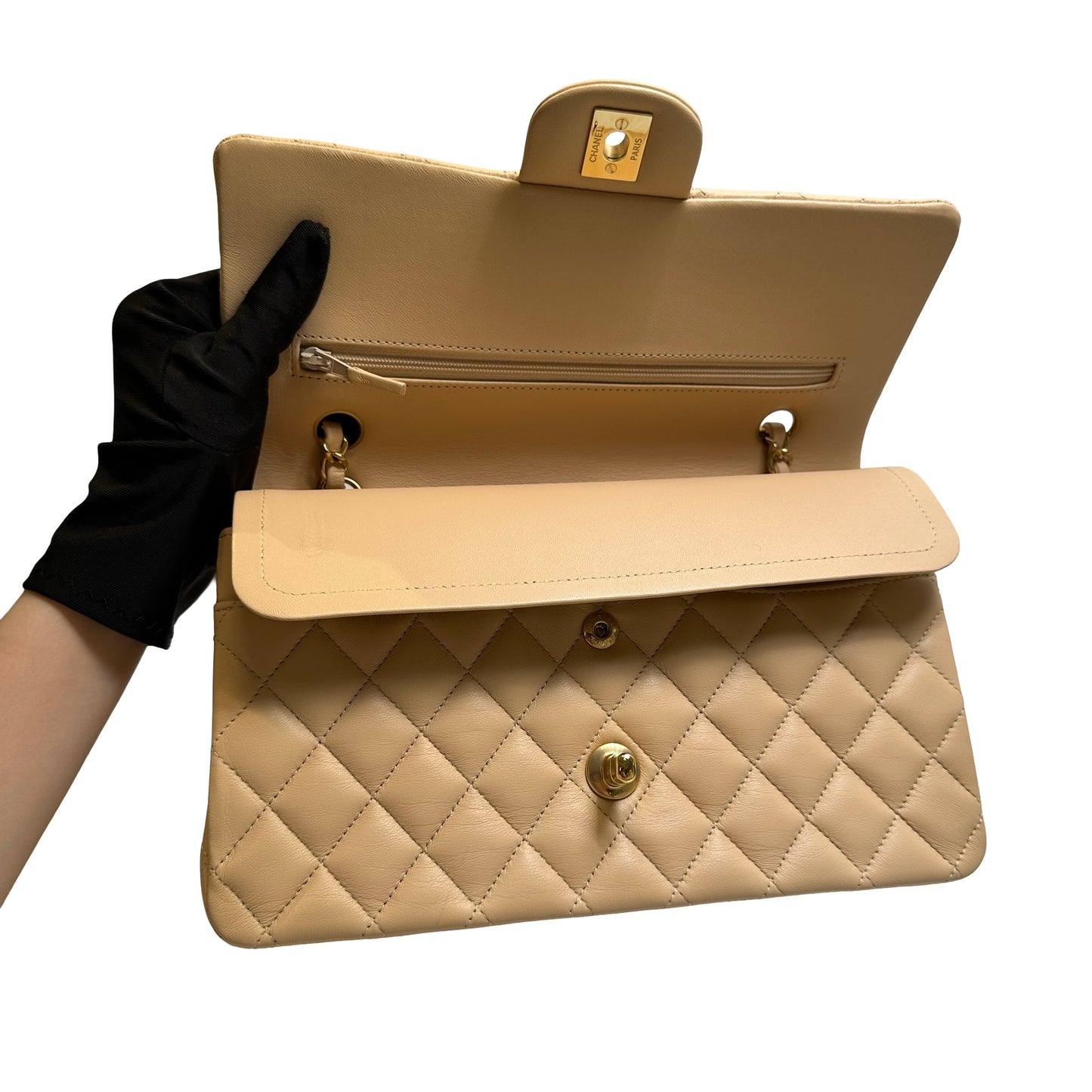 Used CHANEL Lambskin Classic Flap 25cm Chain shoulder bag Beige GHW