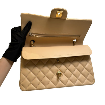 Used CHANEL Lambskin Classic Flap 25cm Chain shoulder bag Beige GHW