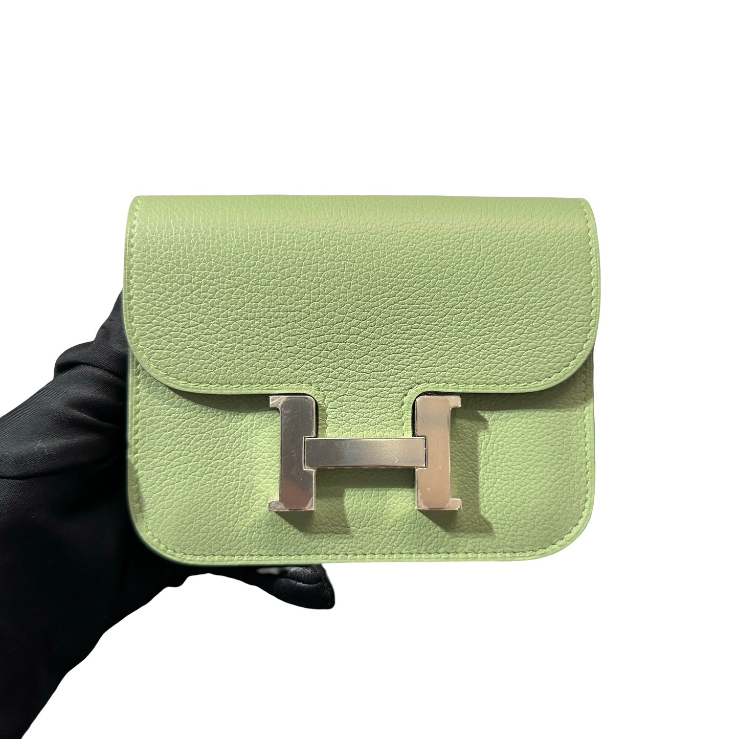 Used HERMÈS Calfskin Leather Constance Slim Wallet Green PHW